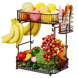 ANJUBAN 2-stöckiger Obstkorb mit 8 Bananenaufhängern und seitlichem Aufbewahrungskorb für die Küche
