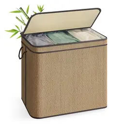 SONGMICS Wäschekorb 3 Fächer aus Bambus, 170 Liter, herausnehmbarer Wäschesack, mit Deckel und Griffen, braun