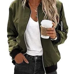 Zeagoo Damen Bomberjacke Leicht Übergangsjacke mit 2 Taschen Grün für Herbst und Frühling