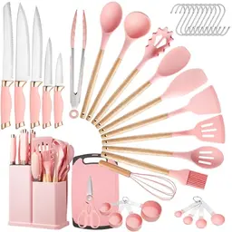 Küchenutensilien Set mit 37 Teilen, hitzebeständig, spülmaschinenfest, rosa