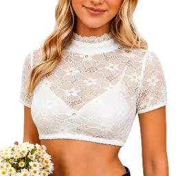 Didadihu Damen Dirndl Bluse, Kurzarm, V-Ausschnitt, Spitzendetail, weiß, Oberteil für Trachten