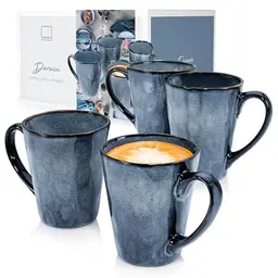 Kaffeetassen Set Darwin 4-tlg, Steingut Becher für 4 Personen, Spülmaschinenfest, Große blaue Tasse 500 ml