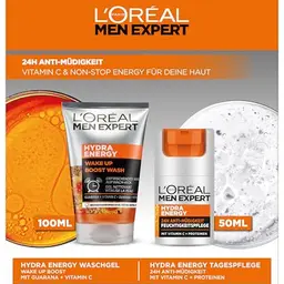 L'Oréal Men Expert Pflegeset gegen müde Haut, Geschenkset mit Waschgel und Gesichtscreme, 24h Anti-Müdigkeit, Vitamin C, Hydra Energy, 1x100ml + 1x50ml