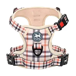 PoyPet Reflektierendes Hundegeschirr mit Griff für tägliches Training und Spaziergänge (Kariertes Beige, XL)