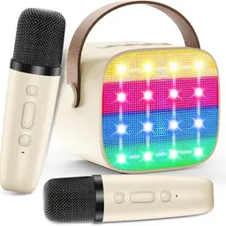 Mini Karaoke Maschine für Kinder mit 2 Mikrofonen, Bluetooth-Lautsprecher, LED-Lichter & Stimmeffekten, für Kinder ab 3 Jahren