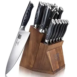 SHAN ZU Messerblock Set, 16-tlg. Japanische Kochmesser mit Abnehmbarem Block, Ergonomischer Griff, Genbu Serie