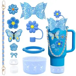 12PCS Stanley Cup Zubehör für 30oz & 40oz Becher mit Griff, inklusive Ledergriff, Dekostrohhalm, Stopper und Aufkleber (Blau)