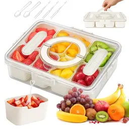 Kelav Snackbox mit 8 Fächern und Besteck, Auslaufsicherer Snackteller für Kinder und Unterwegs