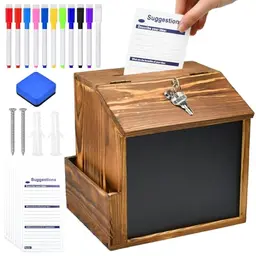 JNEYVIC Holz Vorschlagsbox Abschließbar mit 50 Karten und Kreidetafel, 21x16,3x20cm