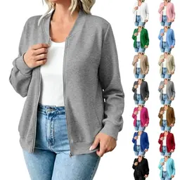 Damen Sweatjacke leichte Übergangsjacke mit Reißverschluss, sportliche Bomberjacke, einfarbig, College Style, locker und lässig, Vintage Y2K Fliegerjacke