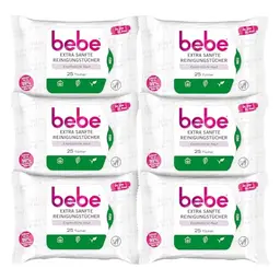 bebe Extra Sanfte Reinigungstücher (6 x 25 Tücher) vegan mit Aloe Vera für empfindliche Haut