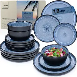 SÄNGER Aruba Steingut Geschirr Set 18 tlg, 6 Personen, Tafelservice blau mit schwarzem Rand