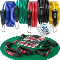 Widerstandsband Set mit Trainingsguide - 5 Fitnessbänder, Griffe, Türanker und Fußschlaufen