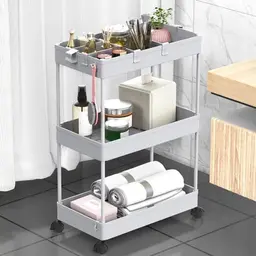SPACEKEEPER Rollwagen mit 3 Ebenen für Wäsche und Badezimmer, grau, inkl. 6 Haken und 2 Behältern