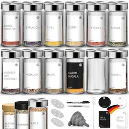 Miorkly 12 Gewürzgläser mit Edelstahl-Deckel - Runder Gewürzstreuer Set