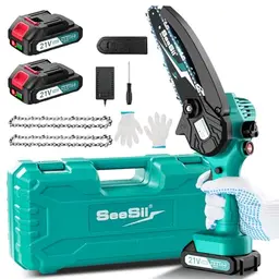 Seesii Mini Kettensäge 6 Zoll mit 2 Akkus und automatischem Öler