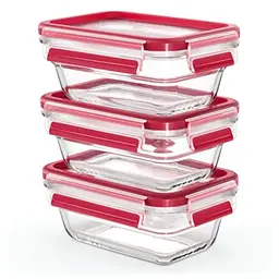 EMSA Clip & Close rechteckige Glas Frischhaltedose, 0,45 L, 100% dicht, rot-transparent, spülmaschinen- und mikrowellenfest