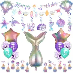 Meerjungfrau Geburtstag Deko - Party Set mit Ballon, Banner und Cake Topper