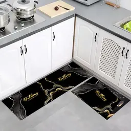 Nivofu Küchenmatten 2er Set (40x120 + 40x60 cm) Waschbar und rutschfest, Schwarz-Gold für Küche und Zuhause