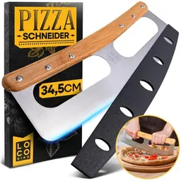 Loco Bird Pizzaschneider 34,5 cm - Edelstahl-Messer mit Bambusgriff und Klingenschutz