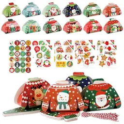 FEMONGY Adventskalender zum Befüllen, 24 Papierboxen mit Zahlenaufklebern und Hängeetiketten, Dekorationsset