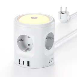7 in 1 Steckdosenwürfel mit 3 USB, 3680W, mit Schalter, 4 Fach, Überspannungsschutz, 2M Kabel – Weiß