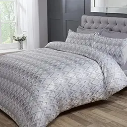 Sleepdown Zickzack-Bettbezug-Set, Hellgrau/Weiß, Doppelbett (200 x 200 cm), mit Kissenbezügen