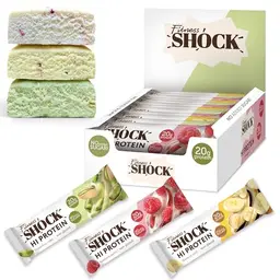 FitnesSHOCK High Proteinriege Mixbox, 3 Sorten (Pistazien, Banane, Himbeere), 12 Riegel, 60g, zuckerfrei, kalorienarm, low carb