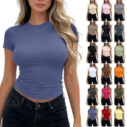 Damen T-Shirt Slim Fit Y2K Crop Top Kurzarm Basic Elegant Dehnbar Streetwear