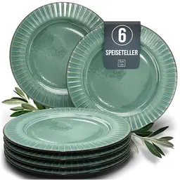 Großes Steingut Teller Set für 6 Personen im Asia-Style - Stylisches Geschirr in Grün