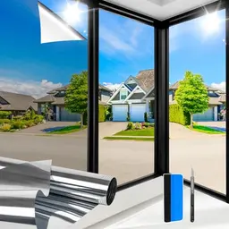 Zindoo Fenster- und Spiegelfolie 44,5 x 200 cm, transparent innen, blickdicht bei Sonnenschein, UV-Schutz, Silber, für kleine Fenster