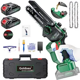 Goldsea 6-Zoll Akku-Handkettensäge mit Akku & Ladegerät, Bürstenloser Motor, Werkzeuglose Kettenspannung, Tragbar