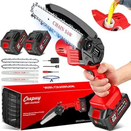 Mini Akku Kettensäge 6 Zoll mit 2 Akkus und Sicherheitsverriegelung – ideal für präzises Schneiden im Garten