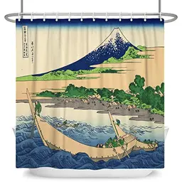 Ukiyo-e Duschvorhang 122x183cm – Japanische Landschaft mit Fuji und Wellen – Ethnisches Design für Badezimmer