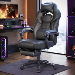 SONGMICS Ergonomischer Gaming-Stuhl mit Fußstütze & Kopfstütze, Tragkraft 150 kg, Schwarz