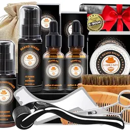 Bartpflege Set mit Conditioner, Shampoo, Öl, Balsam, Bürste, Kamm und Schablonen - Geschenk für Männer (Sweet Orange)