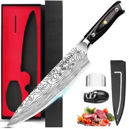MOSFiATA Kochmesser 20CM aus deutschem Edelstahl - Ergonomisch mit Fingerschutz und Messerschärfer in Geschenkbox