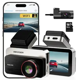 Hikvision Dashcam mit 3" IPS Bildschirm und 64GB SD Karte - Dual Kamera mit WiFi und Nachtsicht