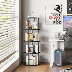 Flycity 360° drehbares Bücherregal aus Holz, Schwarz, 4 verstellbare Ebenen, ideal für Bücher und Deko