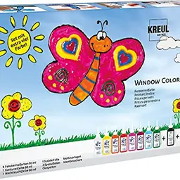 KREUL Window Color Fenstermalfarben Set, 10 Farben (80 ml), inkl. Konturenfarbe & Nachtleuchtfarbe für Kinder