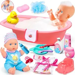 GOLMUD Babypuppen Badespielset mit Badewanne und Zubehör, Lernspielzeug für Kinder ab 3 Jahren