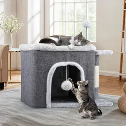 YITAHOME Katzenhaus Indoor mit Kratzbrett und Spielball, faltbar, 47x40x32 cm, große Katzenhöhle für mittelgroße Haustiere