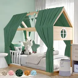 Hausbett Himmel Deko Set aus Baumwolle, 2 Betthimmel mit Wimpelkette, Kinderzimmer Baldachin, 135x320cm, Grün