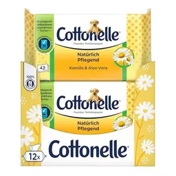 Cottonelle Feuchtes Toilettenpapier mit Kamille & Aloe Vera, biologisch abbaubar, plastikfrei - Vorteilspack 12 x 42 Tücher