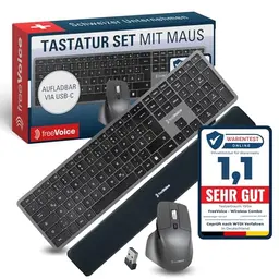 freeVoice Kabelloses Tastatur-Set mit Maus & Handgelenkauflage – Leise & flach für Büro und Home-Office