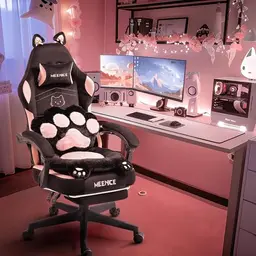 Meenice Rosa Katzen Gaming Stuhl mit Fußstütze und Lendenkissen für Kinder und Erwachsene, 200kg Belastbarkeit