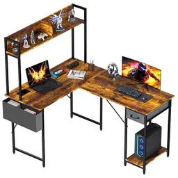 Yansee L-förmiger Gaming-Schreibtisch mit LED, 140x110cm, braun