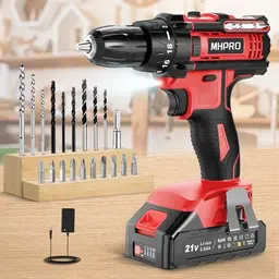 MHPRO Akkuschrauber 21V, Set mit Akku, Werkzeugkoffer, 20 Zubehörteile, Max. Drehmoment 42Nm, 2-Gang, 10mm Bohrfutter