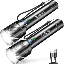 REHKITTZ LED Taschenlampe 2200 Lumen, Aufladbar, Mini, Aluminium, 5 Lichtmodi, Zoombar (2 Stück)