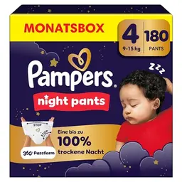 Pampers Night Pants Größe 4, 180 Windeln, 9-15 kg – Zusätzlicher Schutz für die Nacht